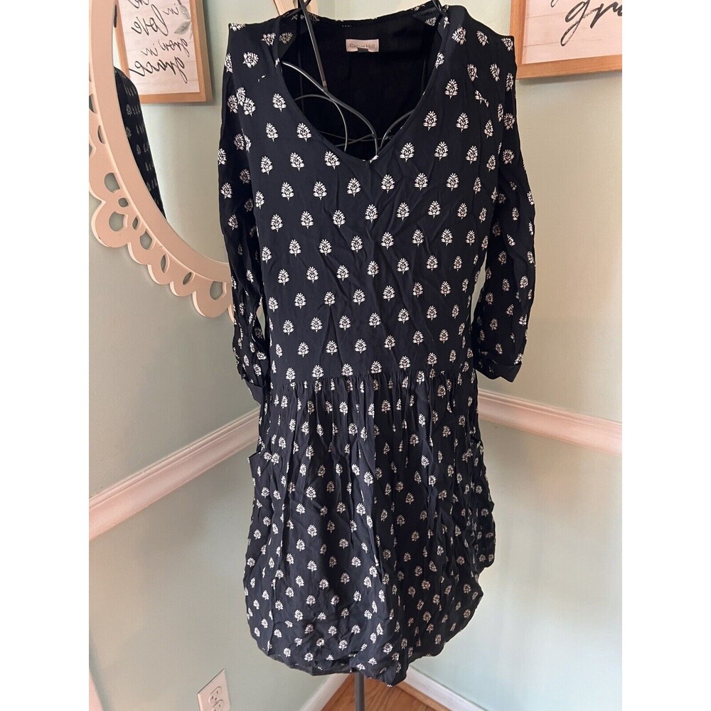 Garnet Hill Floral Boho 3/4 Sleeve Dress w/ Pockets Women's 8 Black Lagenlook